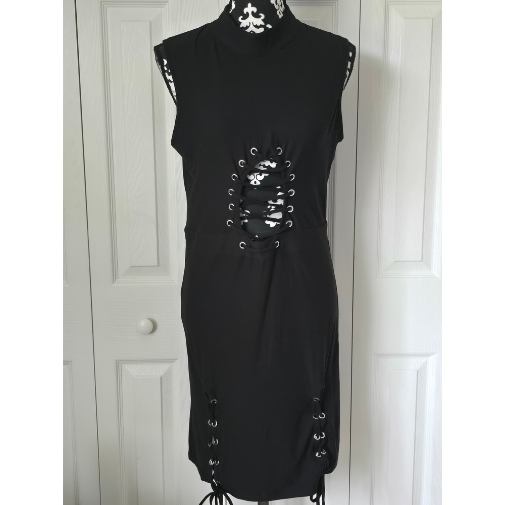 Peachy Girl Black Lace Up Cutout Mock Neck Sleeveless Bodycon Mini Dress XL